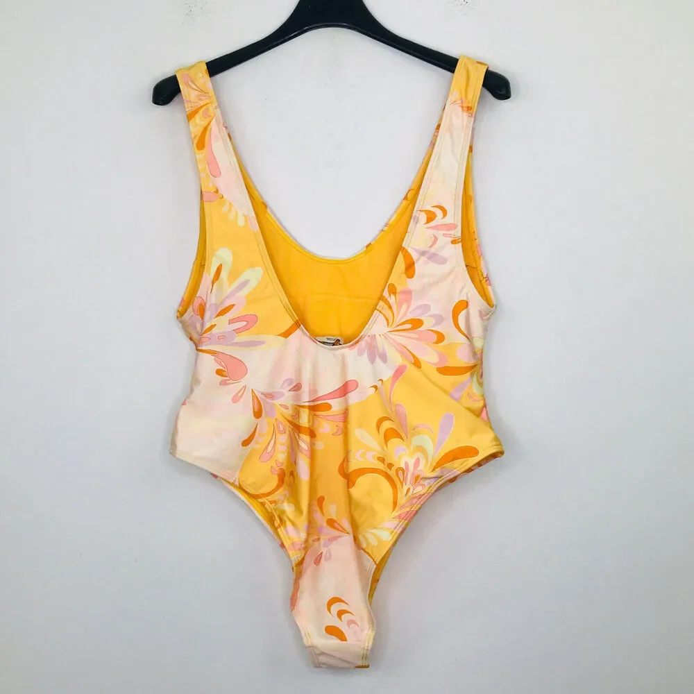 River Island Women's 14 Swimsuit Orange Scoop Neck Floral One-piece NWOT CB4